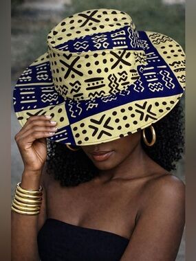 K-K Vogues African Print Bucket Hat – Wax Style – Fedora Hat in Yellow and Navy